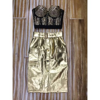 Strapless Gold Leather Knee Length Sexy Fashion Dress Cocktail